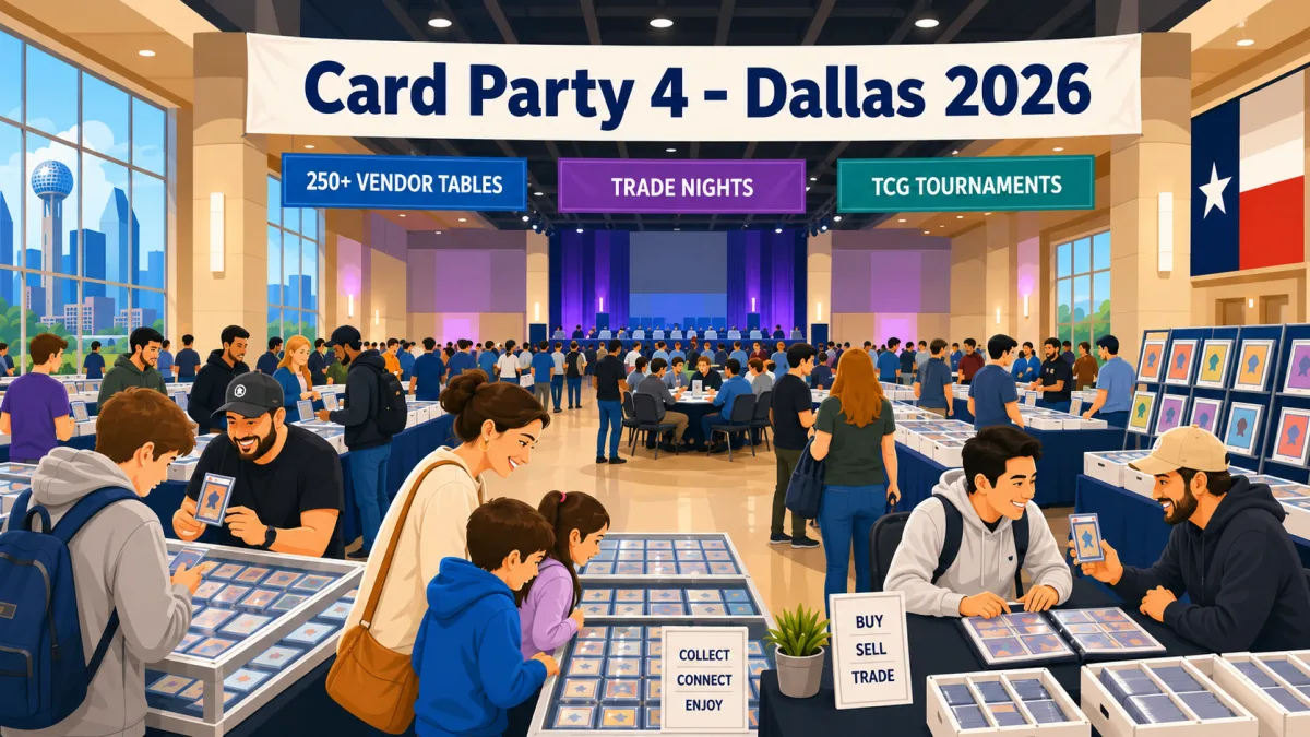 Editorial illustration of collectors browsing vendor tables and gathering near activity and tournament areas beneath a Card Party 4 - Dallas 2026 banner in a spacious convention hall.