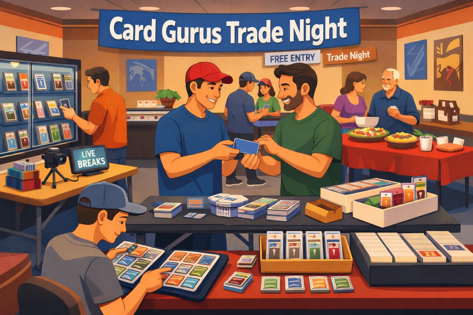 Card Gurus Trade Night in Pflugerville, Texas, inside a local collectibles shop with glass cases, binders, sports card slabs, TCG cards, a live card break section, food in back, and collectors trading in a relaxed evening hobby setting.