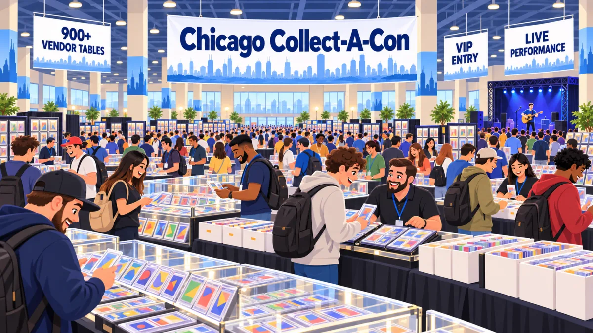 Collectors browse cards, display cases, binders, and bargain boxes across a busy convention hall beneath a Chicago Collect-A-Con banner.