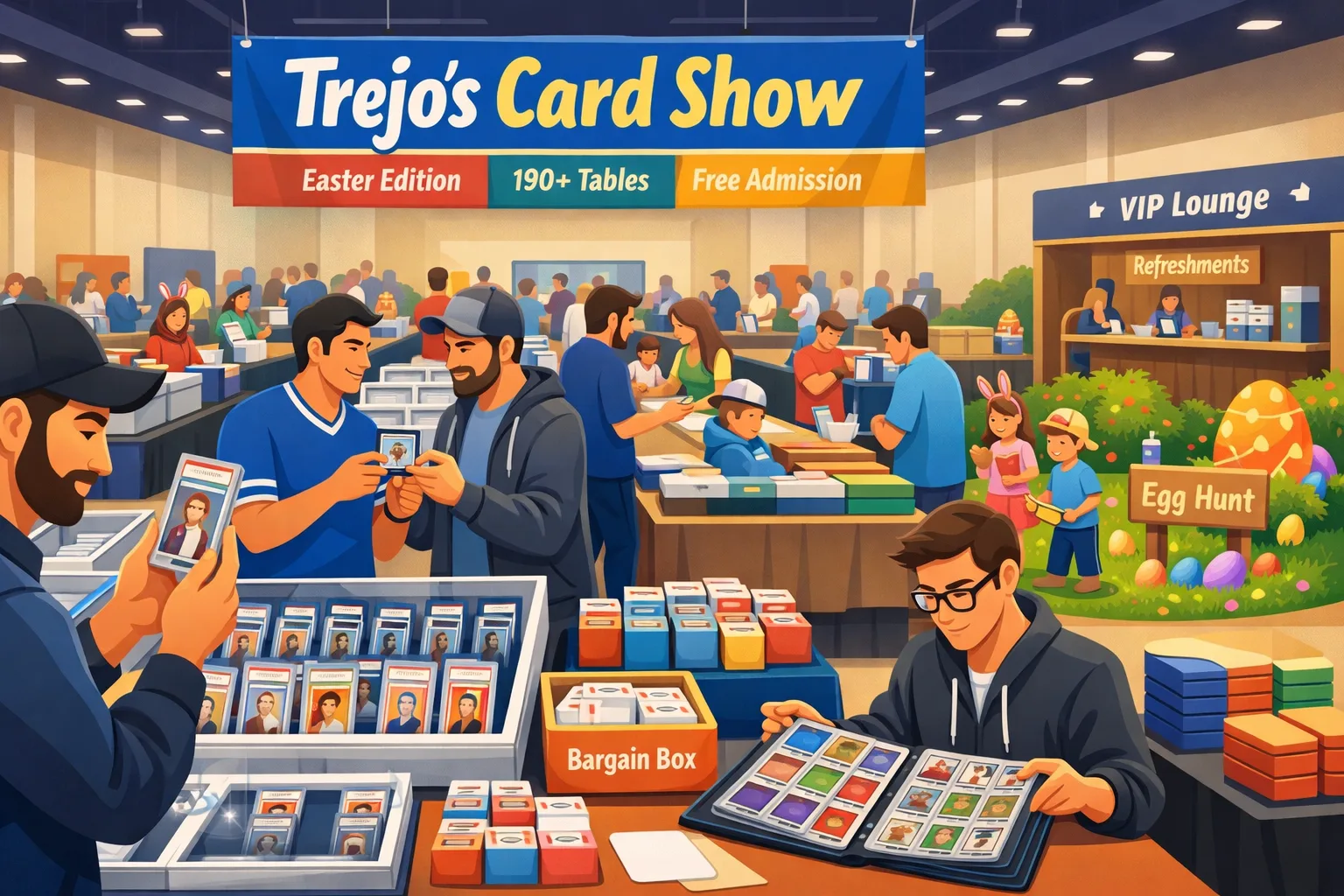 Trejo’s Card Show Easter Edition hero image in Grand Prairie, Texas, in April 2026, showing a busy family-friendly card show with vendor tables, sports cards, TCG binders, collectors trading, a VIP lounge area, and kids near an Easter egg hunt.