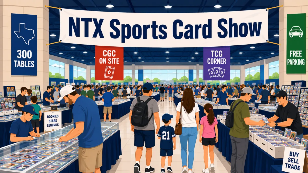 NTX Sports Card Show convention hall with 300 vendor tables, families browsing graded slabs, plus CGC on-site grading and TCG Corner banners.