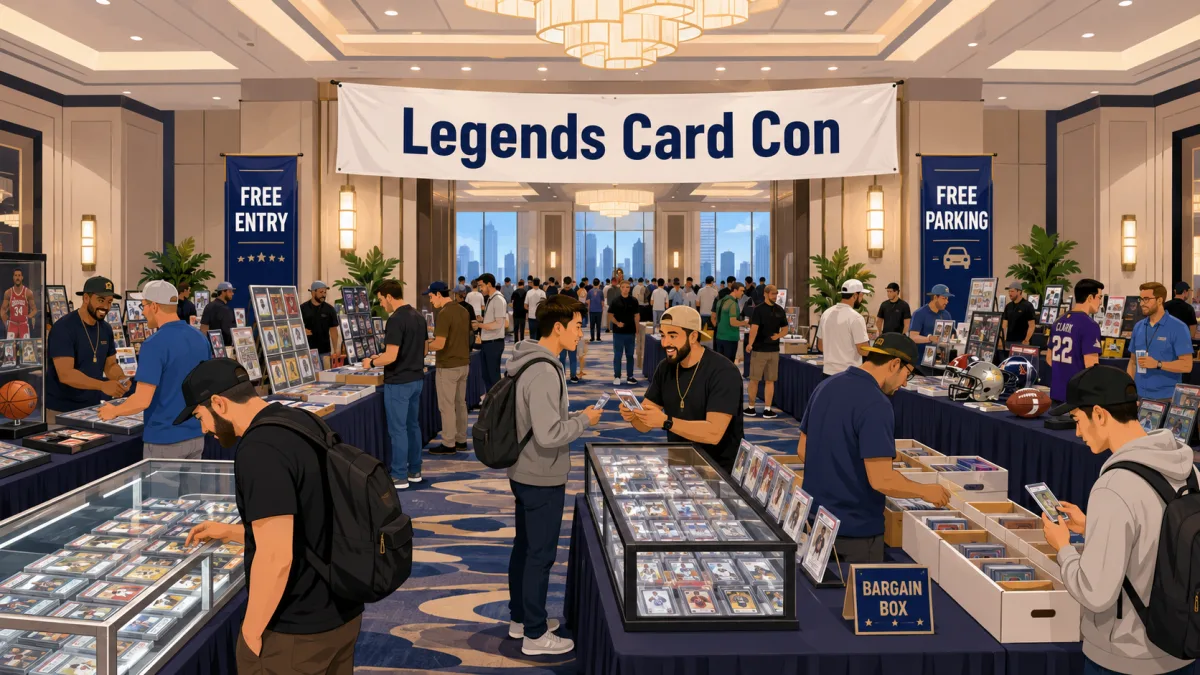 Legends Card Con in a hotel ballroom with collectors browsing glass cases of graded cards, bargain box bins, and sports memorabilia displays