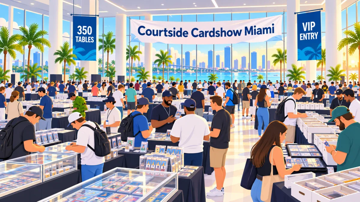 Illustration of collectors browsing card tables inside Riverfront Hall beneath a Courtside Cardshow Miami banner.