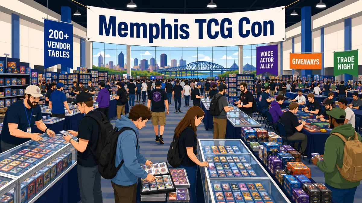Memphis TCG Con hall with 200 plus vendor tables, glass cases of trading cards, and shoppers browsing binders beneath a downtown skyline and river bridge.