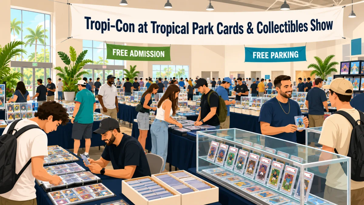 Tropi-Con at Tropical Park Cards and Collectibles Show in Miami, FL, with crowded vendor tables, graded card slabs in display cases, and binder browsing.