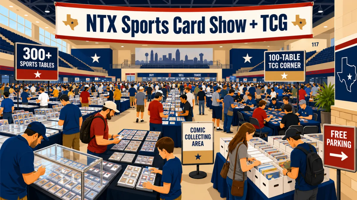 Illustration of collectors browsing sports-card, TCG, and comic tables inside NTX Arena beneath an NTX Sports Card Show + TCG banner.