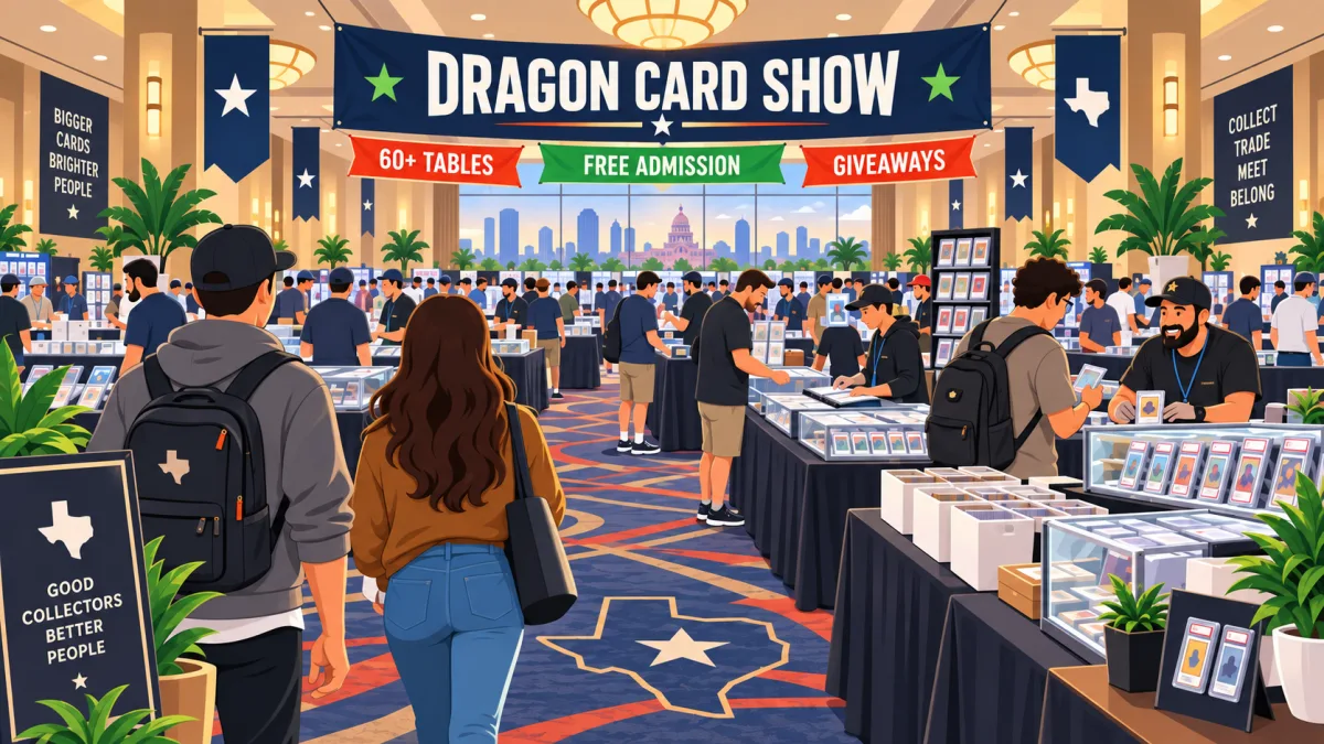 Illustrated view inside Dragon Card Show at Bryan Ballroom, with collectors browsing card tables beneath signs for 60+ tables, free admission, and giveaways.