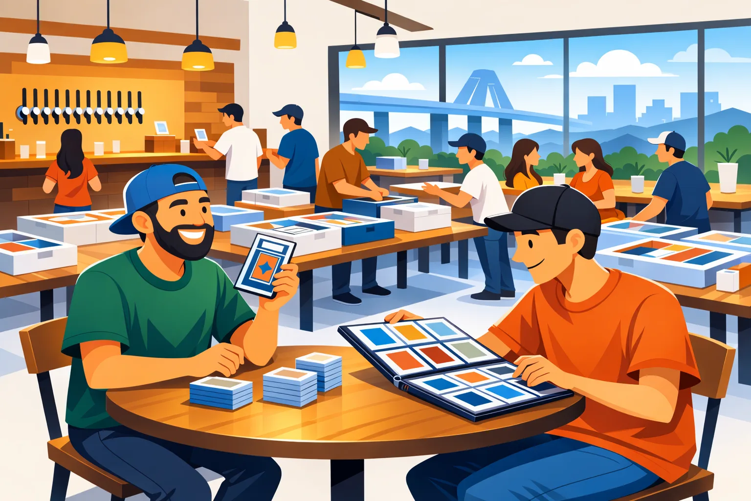 Modern illustration of a card show inside a South Austin brewery with collectors browsing binders and vendor tables.