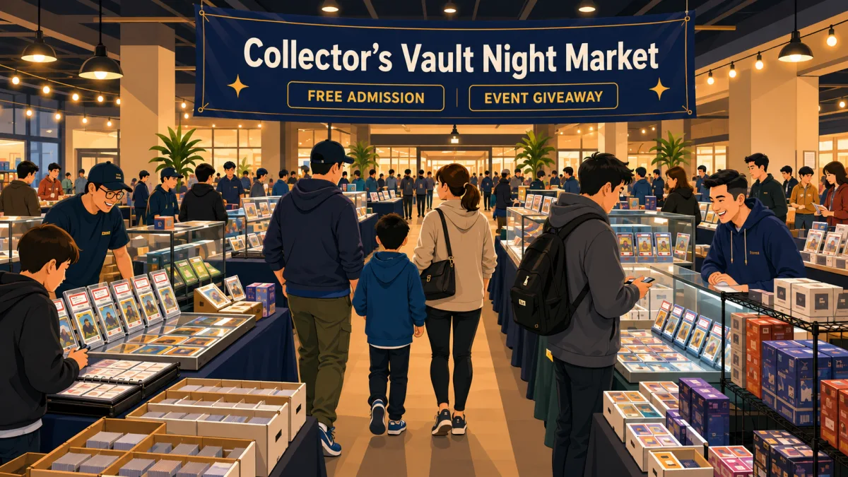 Collector's Vault Night Market at Joong Boo Market in Schaumburg, IL, with graded card tables, bargain bins, and sealed booster boxes on display.