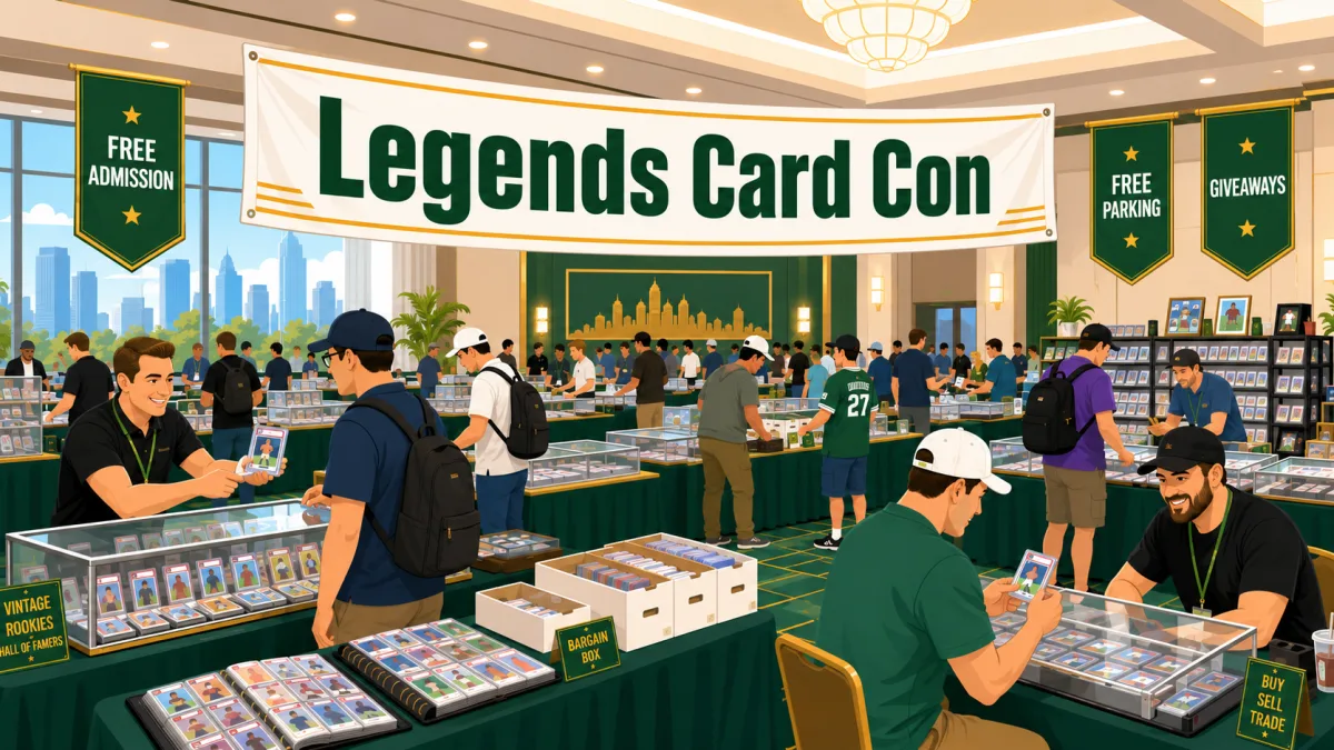 Legends Card Con fills a hotel ballroom with rows of glass cases holding graded card slabs, bargain box bins, and collectors browsing vendor tables