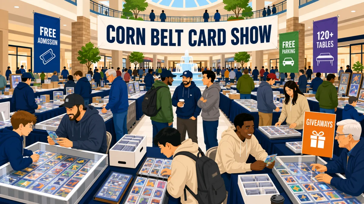 Illustrated view of collectors browsing card tables inside a mall beneath a Corn Belt Card Show banner with free admission and parking callouts.