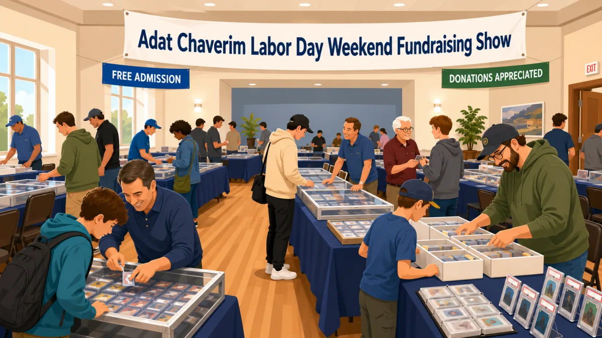 Illustration of collectors browsing sports card tables and display cases beneath an Adat Chaverim Labor Day Weekend Fundraising Show banner.