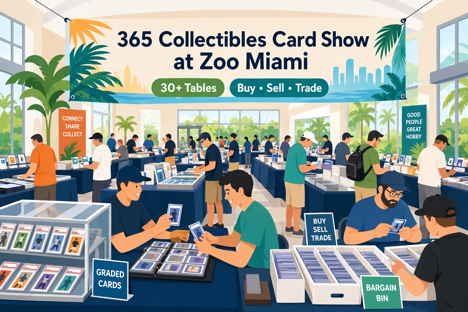 Illustration of the 365 Collectibles Card Show at Zoo Miami in Miami, Florida, showing a bright indoor card show room with vendor tables, display cases, sports card slabs, boxes, binders, and collectors browsing.