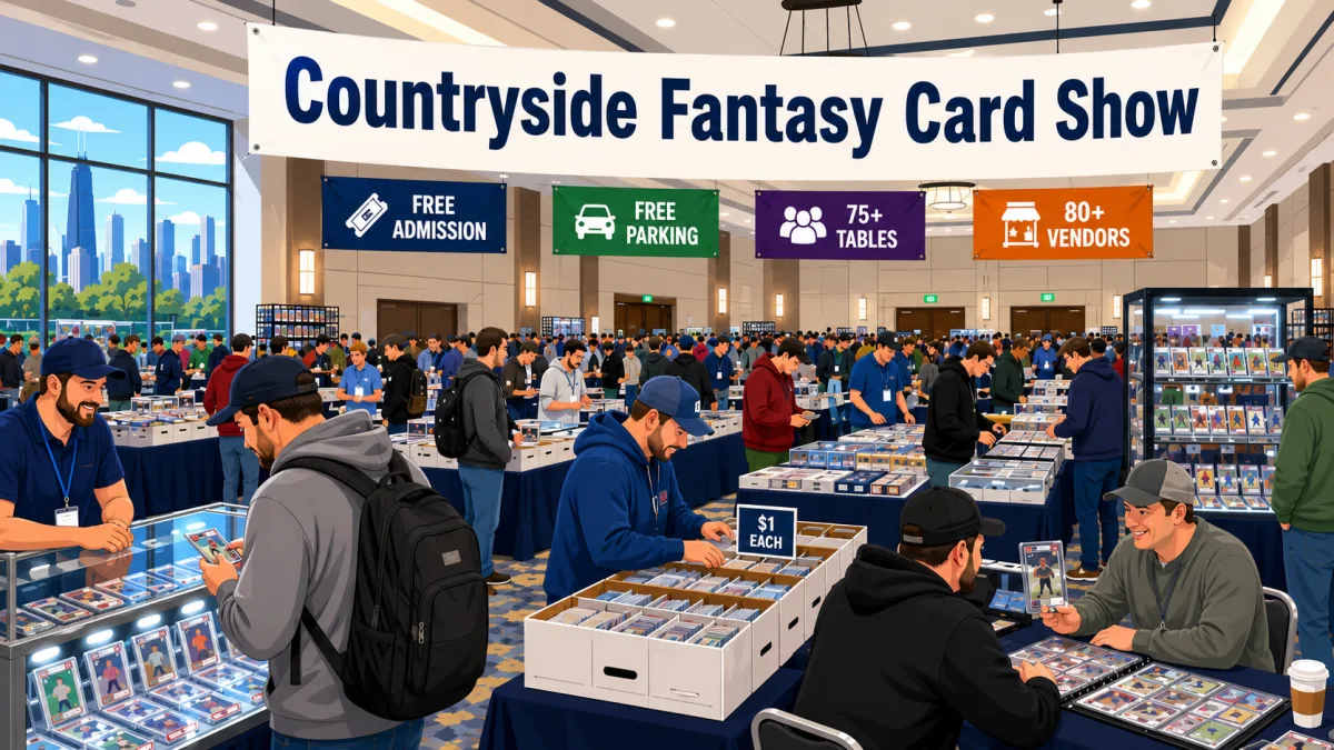 Countryside Fantasy Card Show fills a busy ballroom with lit graded card cases, dollar bargain boxes, and vendor banners for 75 plus tables.