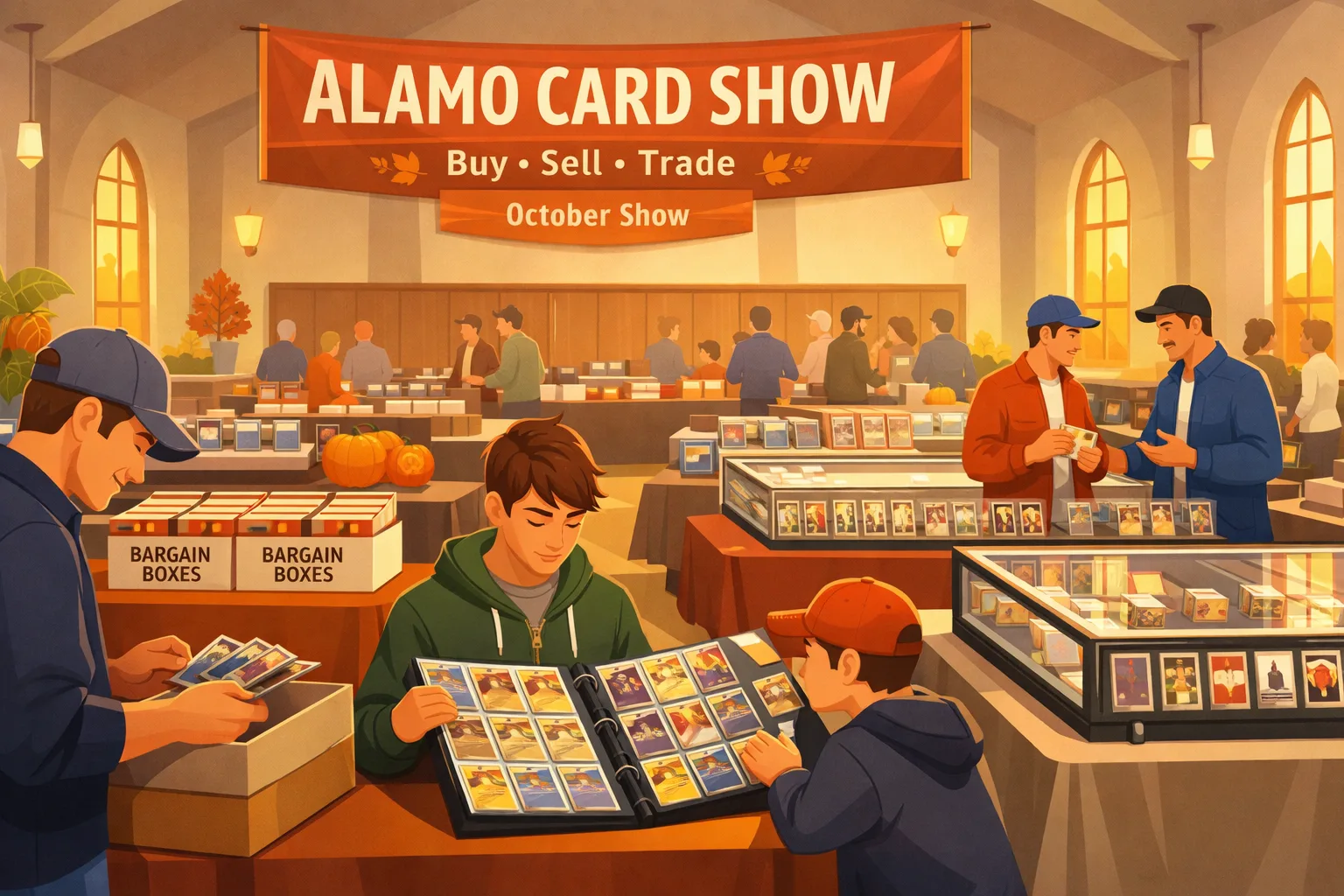 Alamo Card Show October 2026 illustration showing collectors browsing sports cards and a Pokémon binder inside a bright church hall in San Antonio, with display cases, bargain boxes, warm fall decor, and two attendees discussing a trade.