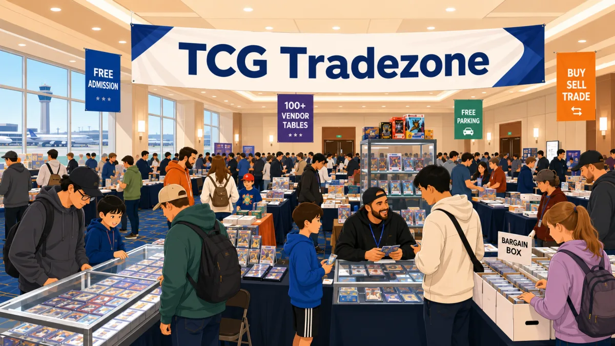 TCG Tradezone hall packed with collectors browsing glass slab cases, bargain box bins, and 100+ vendor tables beside tall airport-view windows.