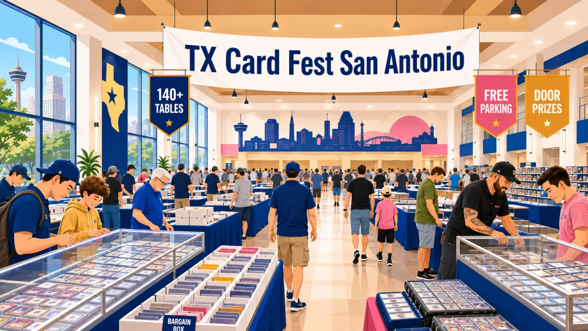 Illustration of collectors browsing vendor tables in a university event hall beneath a TX Card Fest San Antonio banner.