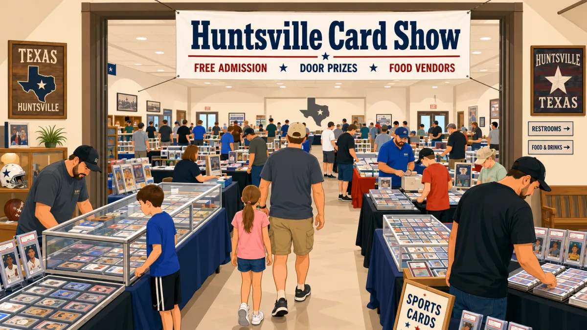 Huntsville Card Show event hall packed with vendors and families browsing glass display cases of graded sports cards across dozens of tables in Huntsville, TX.