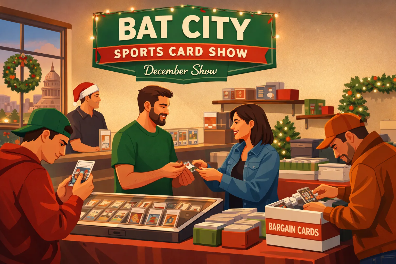 Bat City Sports Card Show in Austin, Texas during the December 2026 sports card event at Kenny’s Collectibles, with collectors trading cards, browsing value boxes, and examining graded cards in a warm holiday-season shop setting.