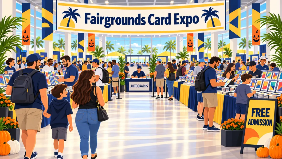 Collectors browse trading-card displays beneath a Fairgrounds Card Expo banner inside a bright expo hall. A free-admission sign and a separate autograph desk frame the main aisle.