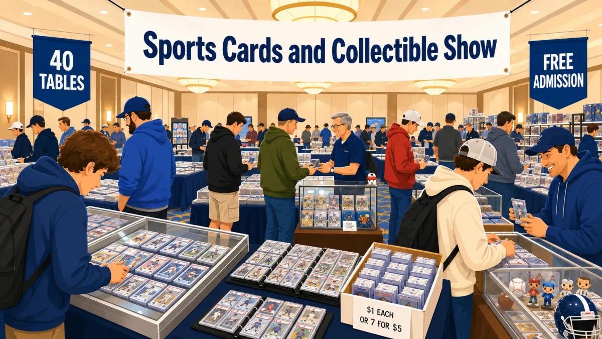Sports Cards and Collectible Show at Ramada by Wyndham Murfreesboro, TN, with collectors browsing graded card cases, a bargain box, and 40 vendor tables.