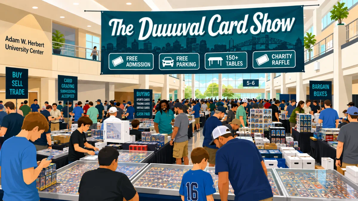 The Duuuval Card Show at UNF Adam W. Herbert University Center, Jacksonville FL, with crowds browsing glass cases of trading cards and packed vendor tables.