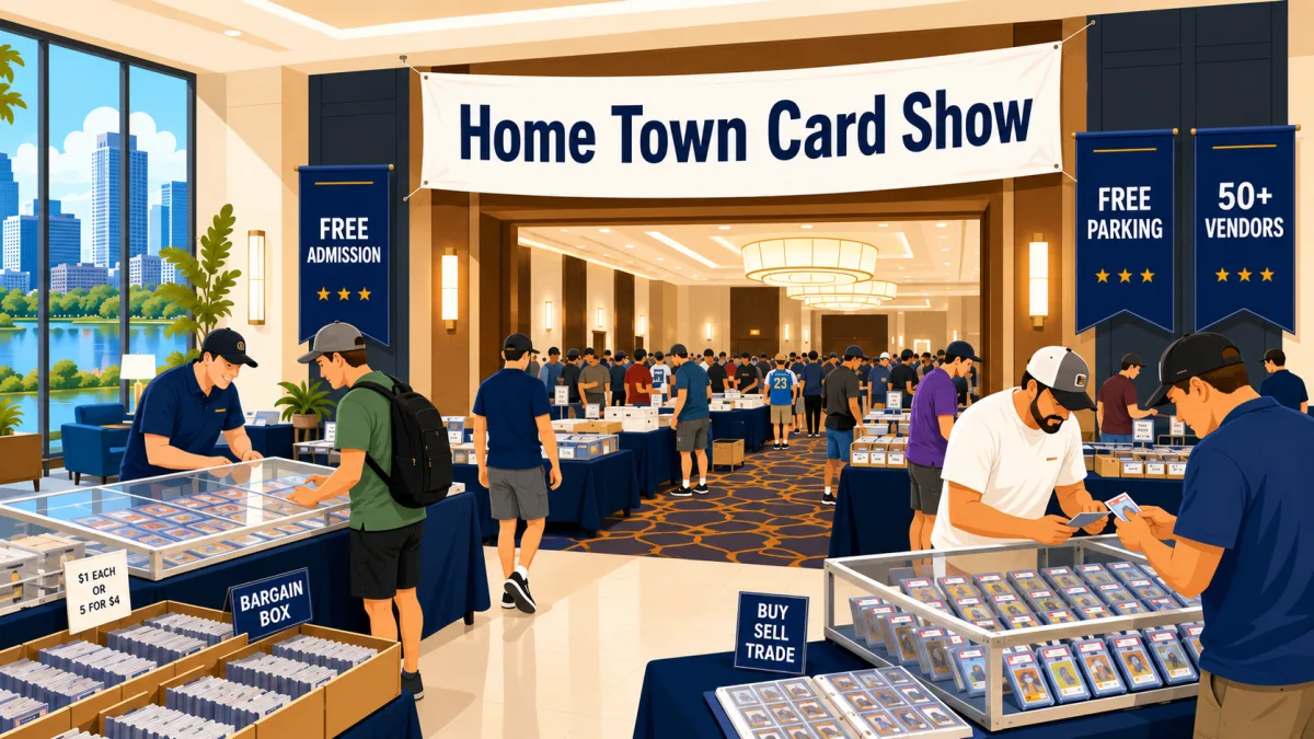 Home Town Card Show in a hotel ballroom with rows of vendor tables, glass cases of graded card slabs, bargain box bins, and collectors browsing throughout.