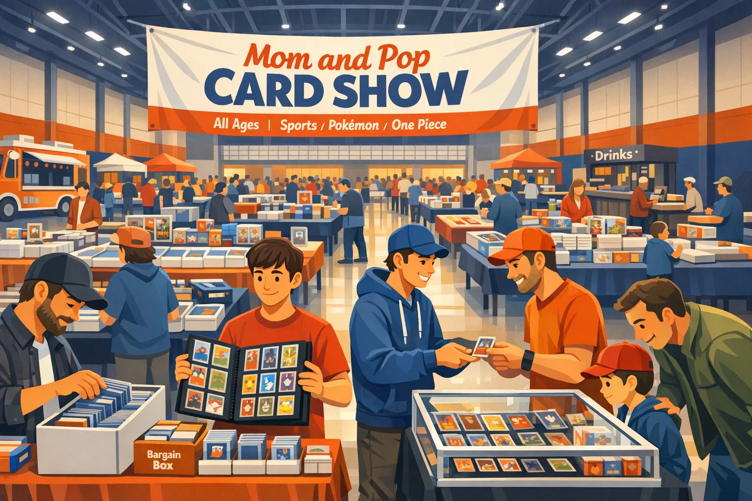 Mom and Pop Card Show at The Fieldhouse in Leander, Texas on Sunday, November 15, 2026, with collectors trading cards, a young man showing his binder, and a dad and son viewing cards in a display case.