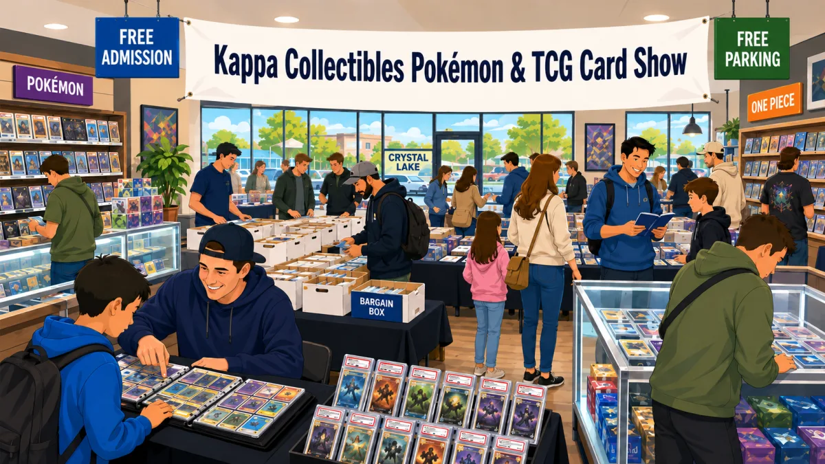 Kappa Collectibles Pokémon and TCG Card Show at a Crystal Lake shop, with graded card cases, a bargain box, and collectors browsing binders.