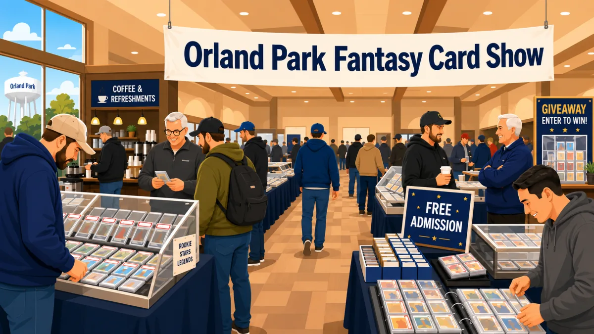 Collectors browse trading-card tables inside the Orland Park Fantasy Card Show beneath a free-admission banner, with a coffee station nearby.