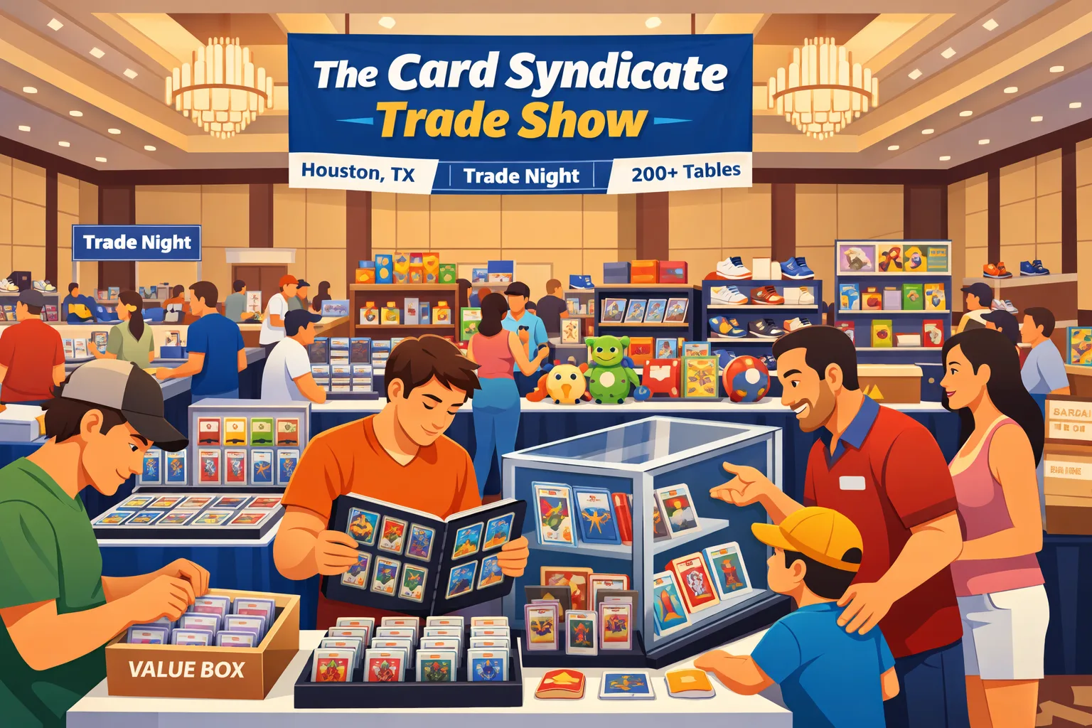 Illustration of The Card Syndicate Trade Show in Houston, Texas, in June 2026, showing a busy hotel ballroom card and collectibles show with vendor tables, sports cards, Pokémon binders, display cases, and collectors browsing.