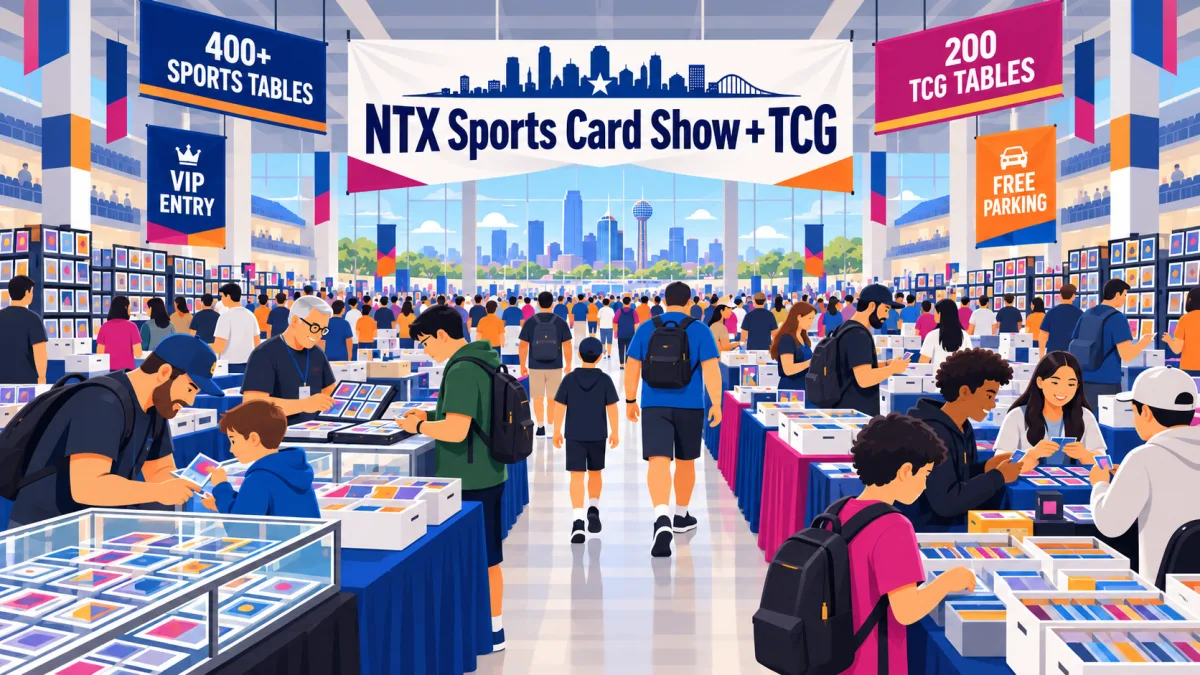 Illustration of collectors browsing sports-card and TCG tables inside NTX Arena beneath an NTX Sports Card Show + TCG banner.