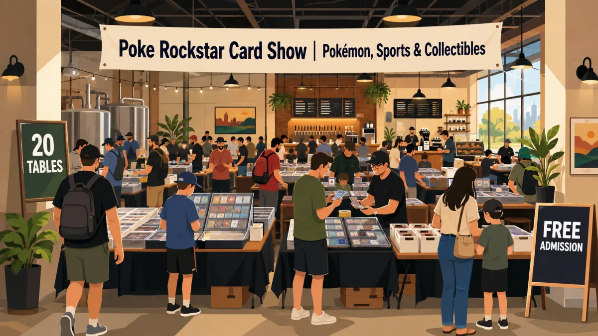 Illustration of collectors and families browsing card tables inside a brewery and coffee roastery at the Poke Rockstar Card Show near Austin.