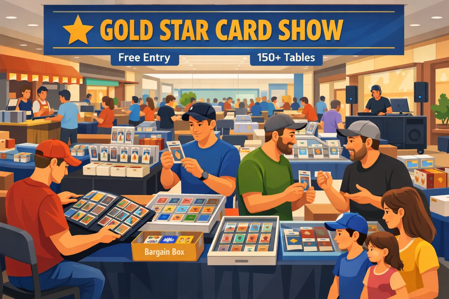 Gold Star Card Show hero illustration for the April 2026 Fort Worth card show at Ridgmar Mall, featuring vendor tables, collectors browsing Pokémon, One Piece, sports cards, a DJ setup, and a lively mall event atmosphere.