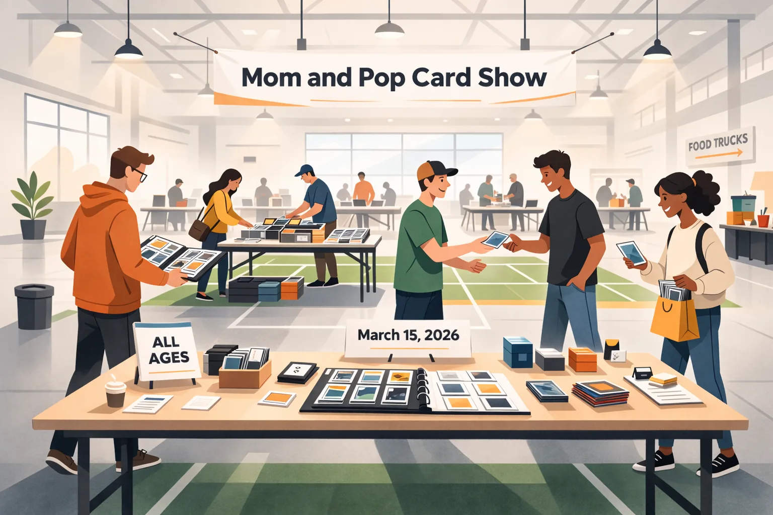 Modern vector illustration of the Mom and Pop Card Show in a Cedar Park fieldhouse, with vendors at tables and collectors browsing, trading, and holding Pokémon and sports cards.