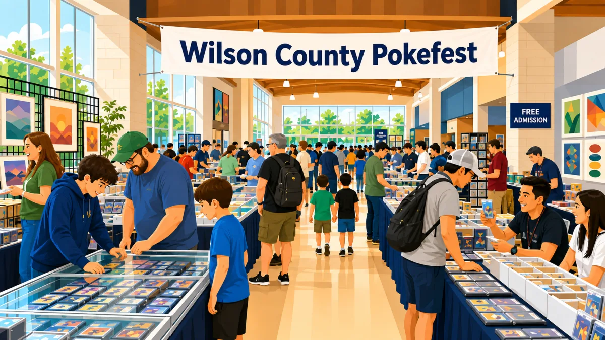 Illustrated Wilson County Pokefest entrance inside Gallatin Civic Center, with collectors browsing card tables, display cases, binders, and a free-admission banner.