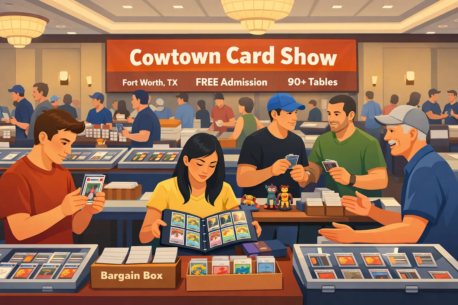 Cowtown Card Show Fort Worth hero illustration inside a Fort Worth hotel event hall with collectors browsing sports cards, Pokémon cards, toys, and display cases during the March 2026 show.