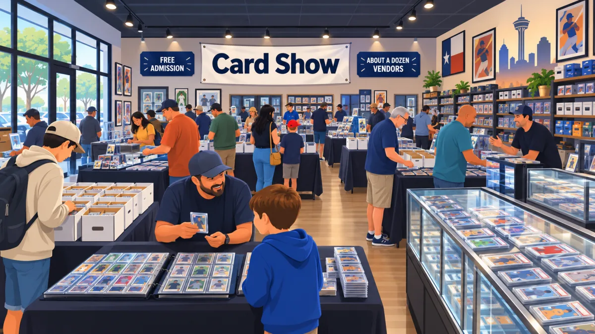 Illustration of collectors browsing vendor tables inside a San Antonio card shop beneath a Card Show banner with free-admission signage.