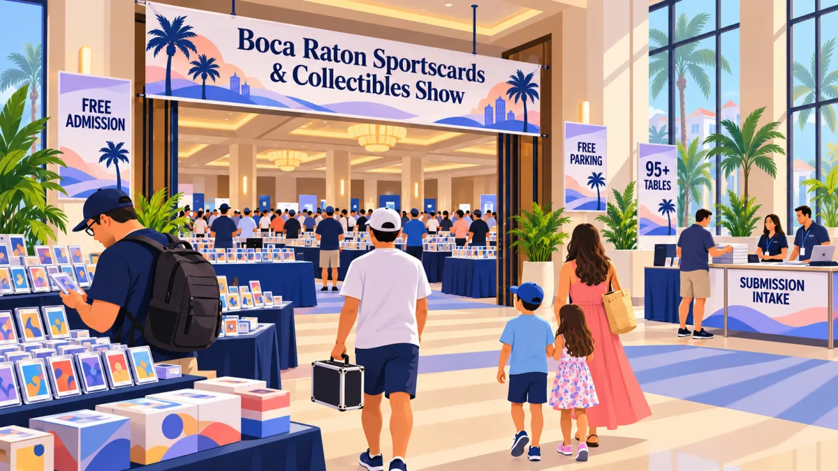 Collectors enter a bright hotel card show beneath a Boca Raton Sportscards & Collectibles Show banner. Vendor tables fill the event room, with a card submission desk in the adjoining lobby and palms visible through the windows.