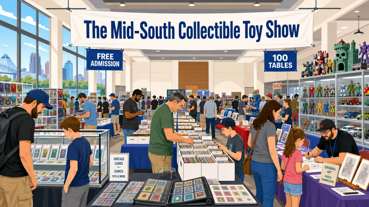 The Mid-South Collectible Toy Show banner above a hall with 100 vendor tables, vintage card binders, action figure displays and Memphis skyline view.