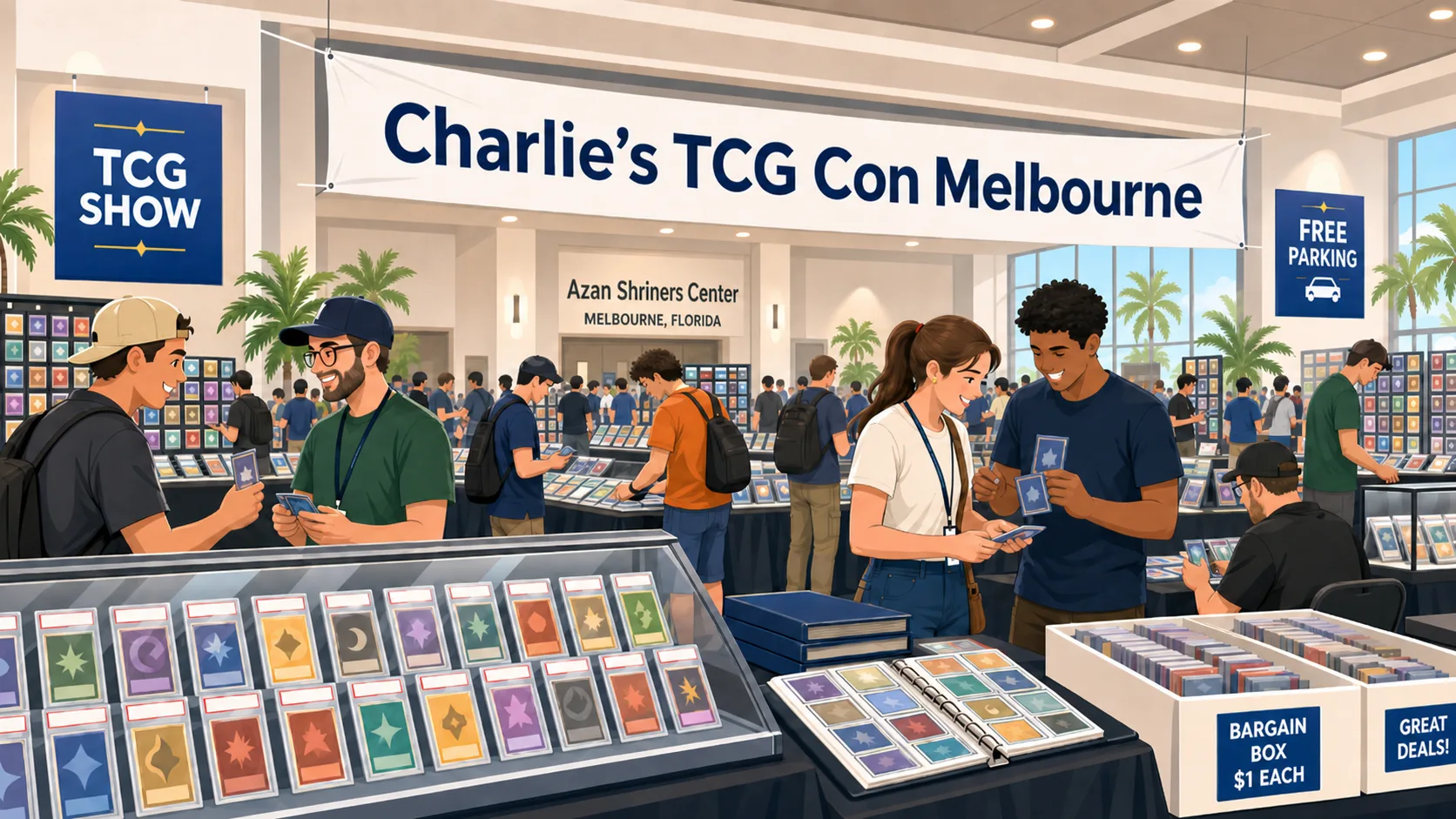 Charlie's TCG Con Melbourne at the Shrine Center, Melbourne FL — collectors browsing graded card cases, trading binders, and $1 bargain boxes.