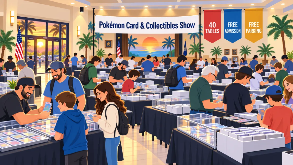 Illustration of collectors browsing card tables inside a VFW hall beneath a Pokémon Card & Collectibles Show banner.