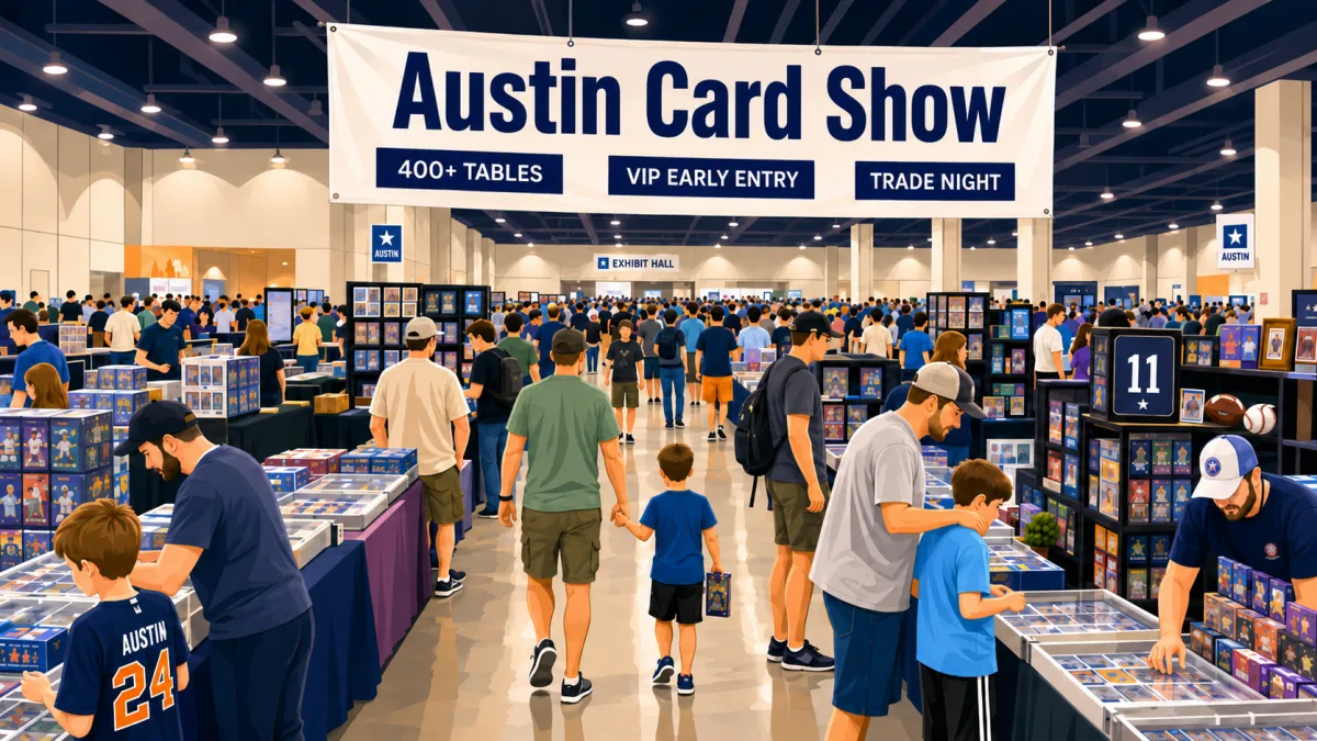 Austin Card Show, packed Texas convention hall with 400+ tables of graded card slabs, sealed wax boxes, and a framed autographed jersey on display.