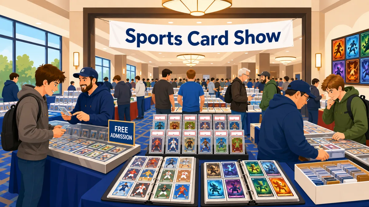 Illustrated collectors browsing vendor tables beneath a Sports Card Show banner inside a bright hotel ballroom.