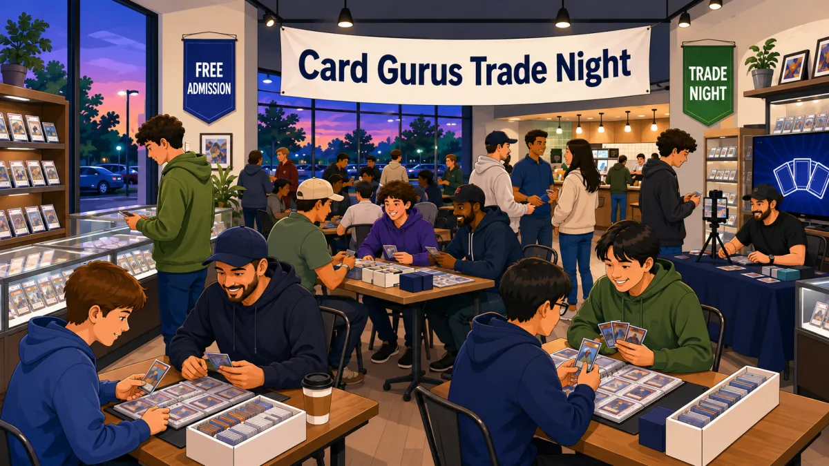 Collectors trade cards and browse binders inside a Pflugerville card shop beneath a Card Gurus Trade Night banner with free-admission signage.