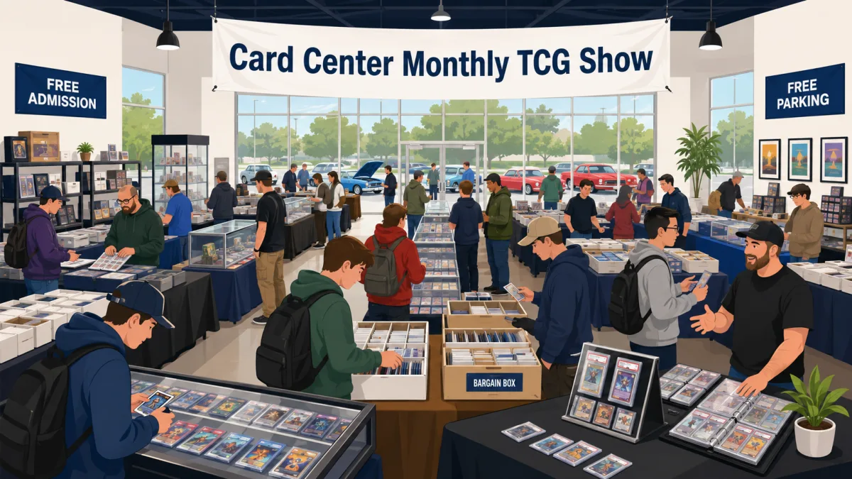 Interior illustration of the Card Center Monthly TCG Show in Richland Hills, with collectors browsing card tables and generic classic cars visible outside.