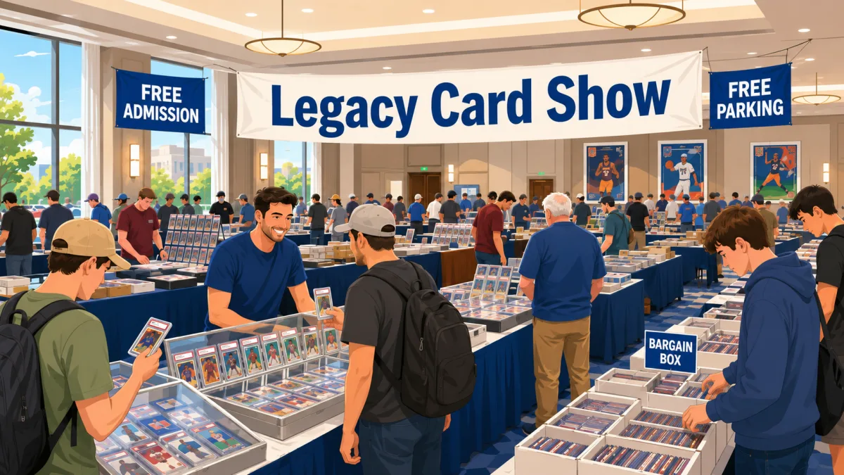 Legacy Card Show in a busy hotel ballroom, collectors browsing graded card slabs in glass display cases, bargain box bins, and sports memorabilia.