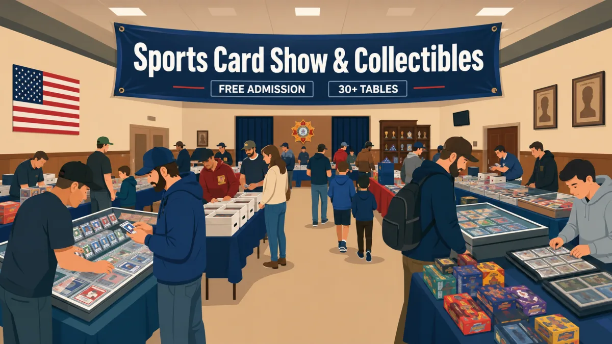 Sports Card Show & Collectibles at VFW Post 99 in Decatur, IL, with attendees browsing graded card displays, sealed booster boxes, and 30+ vendor tables.