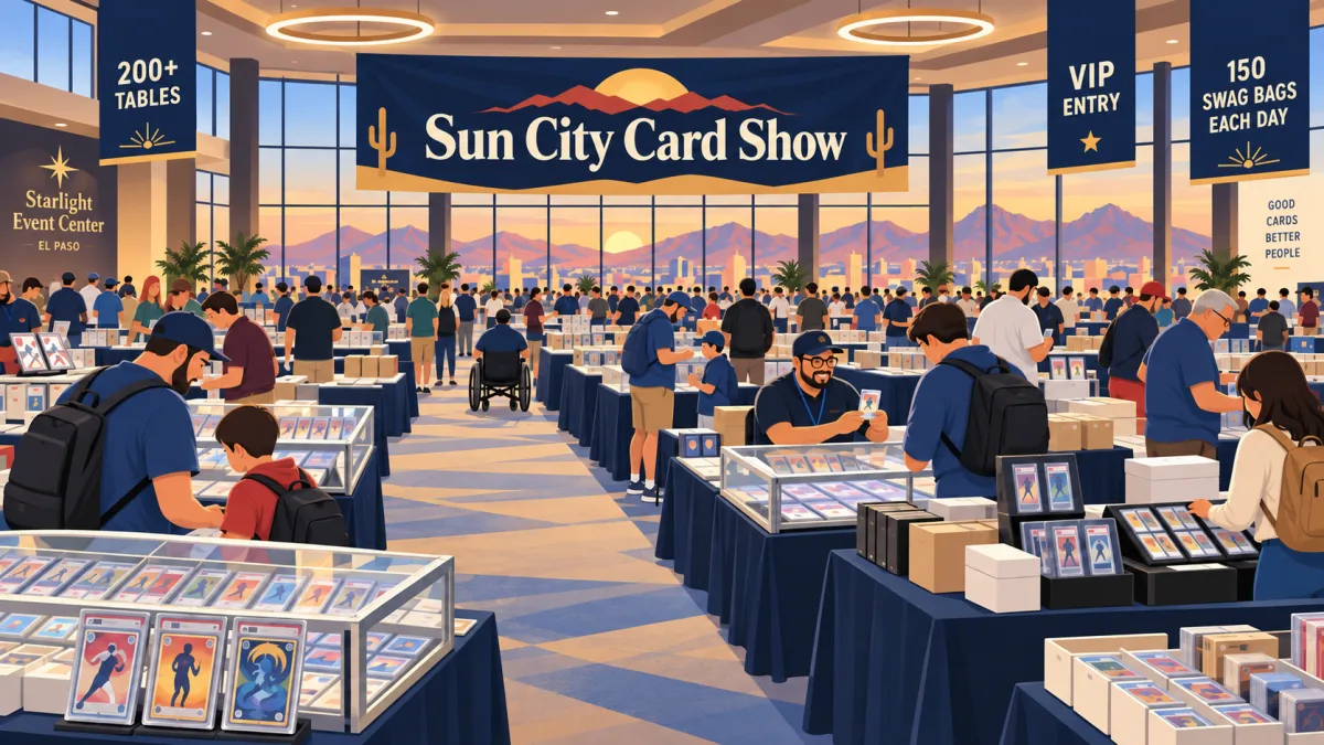 Collectors browse rows of card tables inside an illustrated El Paso event hall beneath a Sun City Card Show banner with 200-plus-table, VIP-entry, and daily-swag-bag callouts.