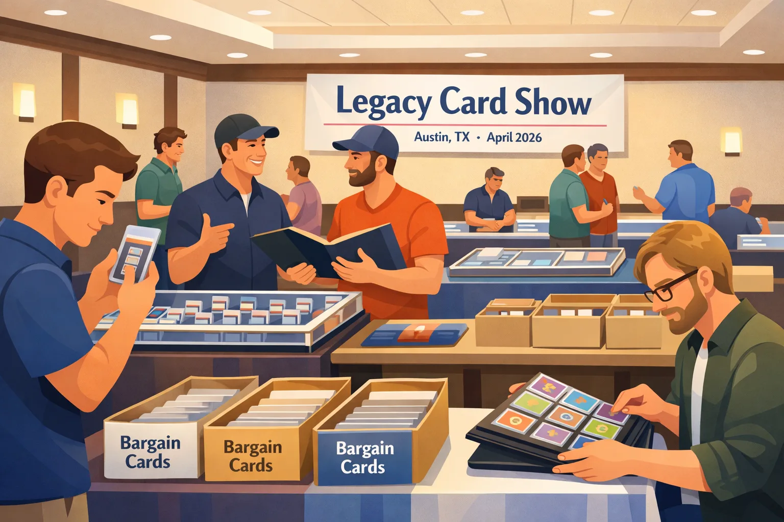 Illustration of the Legacy Card Show in Austin, Texas, in April 2026, showing collectors browsing sports cards, Pokémon cards, vendor tables, display cases, and bargain boxes inside a hotel card show.